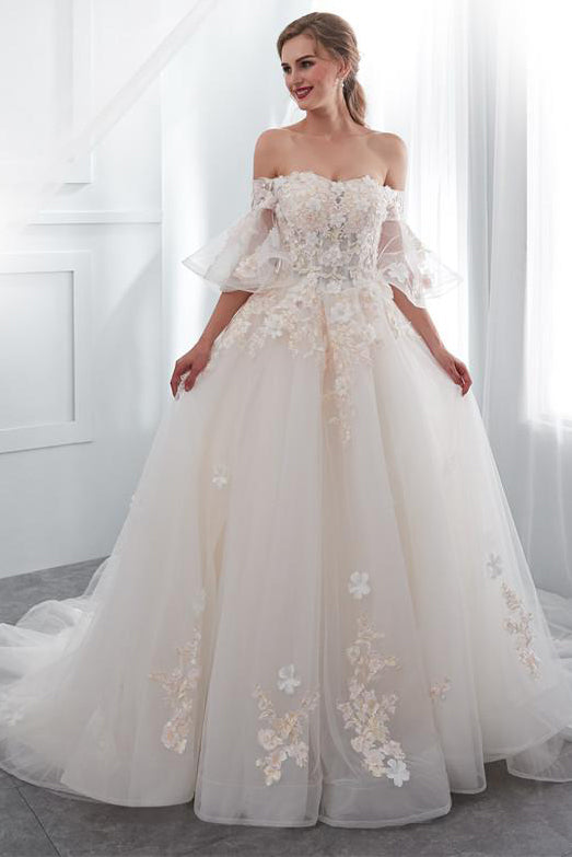 Princess Long Off Shoulder A-line Ivory Bridal Dress with Appliques FancyVestido Princess Long Off Shoulder A-line Ivory Bridal Dress with Appliques FancyVestido