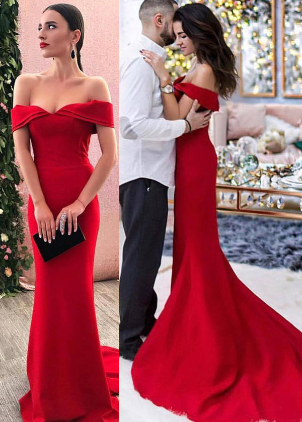 Elegant Red Off-the-Shoulder Mermaid Evening Gown with Train