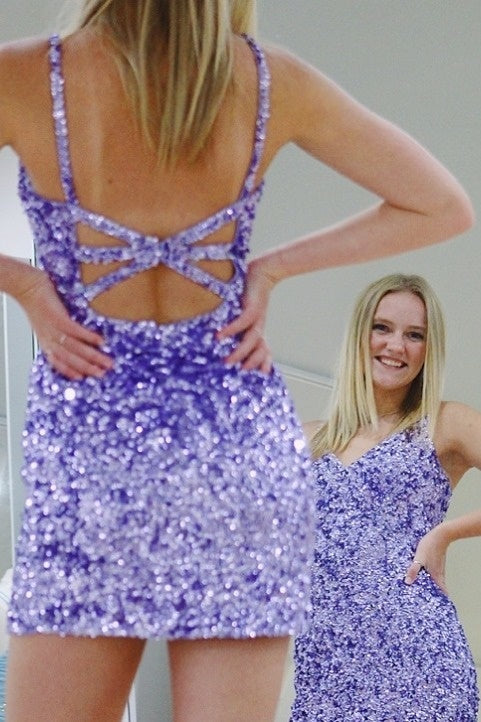 Glitter Tight V-Neck Lavender Sequined Homecoming Dress – FancyVestido