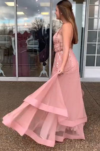 Pink A-Line V-Neck Sleeveless Sequin Appliques Party Prom Dress