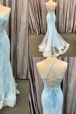 Spaghetti straps Light Blue Appliqued Long Prom Dress