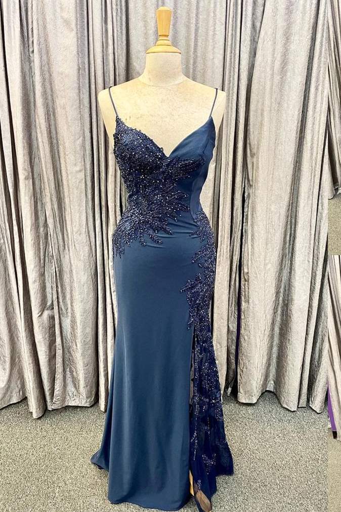 Elegant Navy Blue Long Prom Dress with Lace Appliques FancyVestido Elegant Navy Blue Long Prom Dress with Lace Appliques FancyVestido