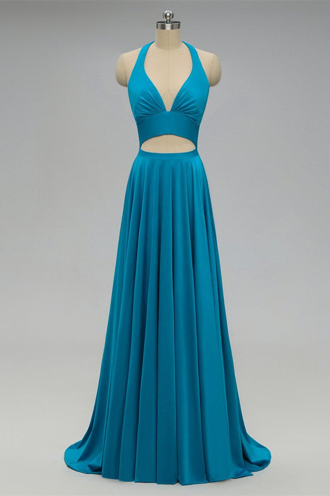 Elegant Halter Blue Long Bridesmaid Dress – FancyVestido
