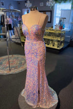 Side Slit Straps Pink Sequins Long Prom Dress