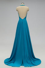 Elegant Halter Blue Long Bridesmaid Dress