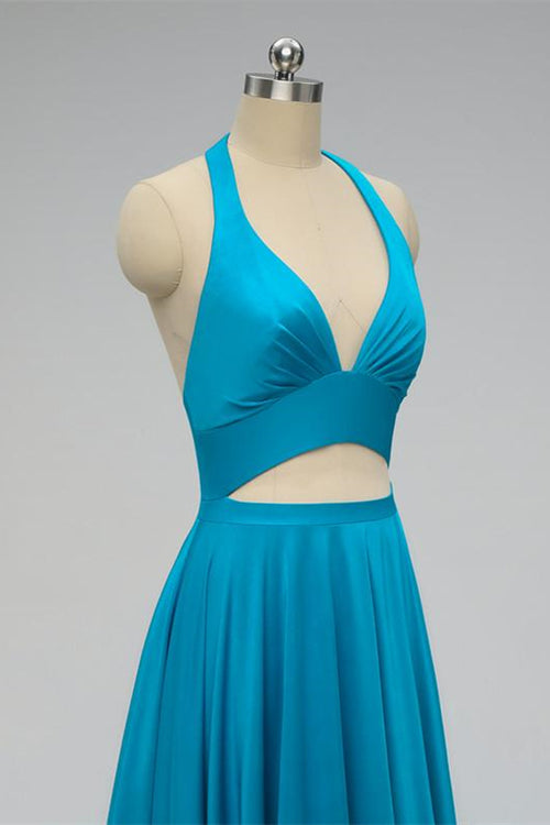 Elegant Halter Blue Long Bridesmaid Dress