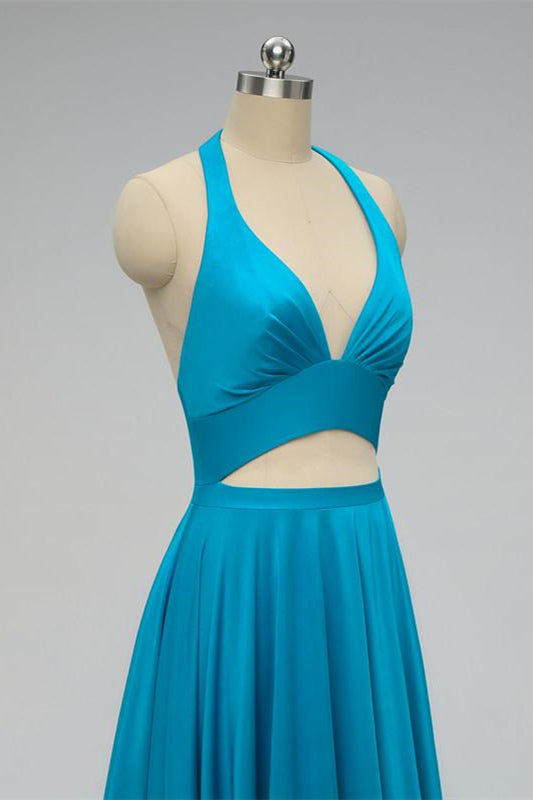 Elegant Halter Blue Long Bridesmaid Dress