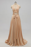 Backless Champagne Halter long Bridesmaid Dress