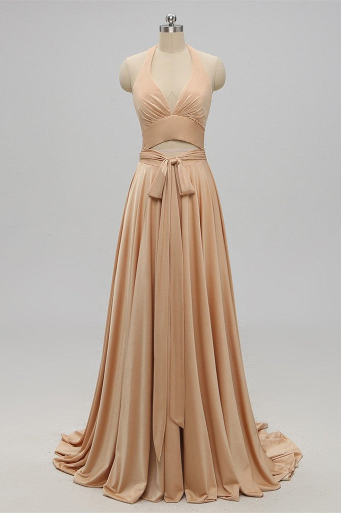 Backless Champagne Halter long Bridesmaid Dress