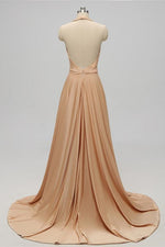 Backless Champagne Halter long Bridesmaid Dress