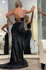 Glitter Two Piece Black Long Prom Dress with Lace Top