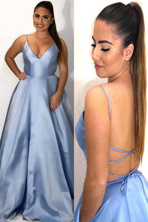 A-line Sky Blue Satin Long Prom Dress with Open Back