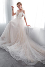 Princess Long Lace-Up A-line Ivory Wedding Dress with Appliques