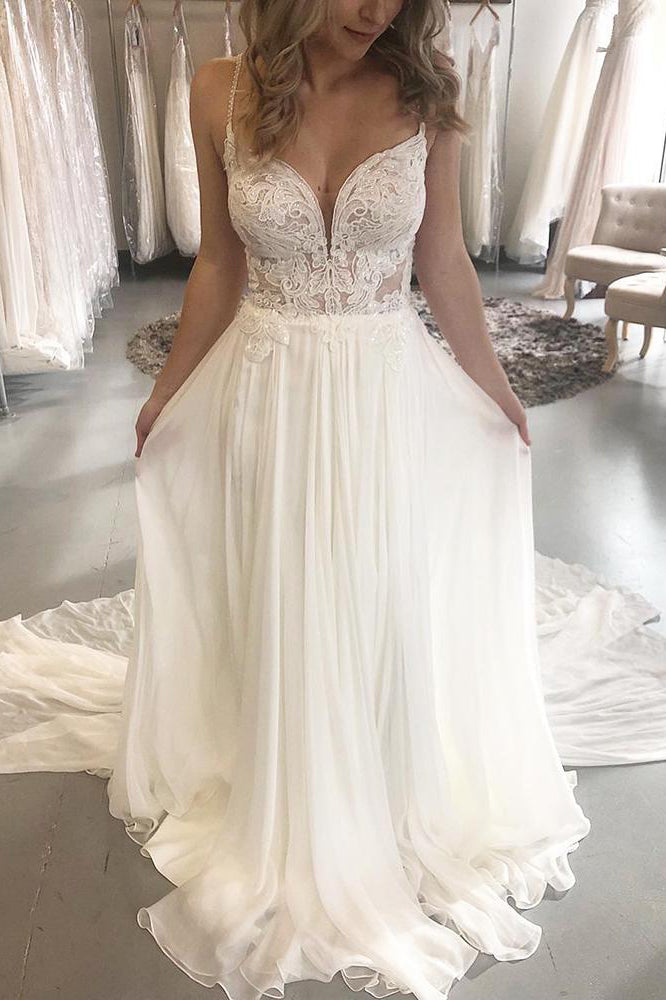 Boho Long Spaghetti Strap A-line White Beach Wedding Dress