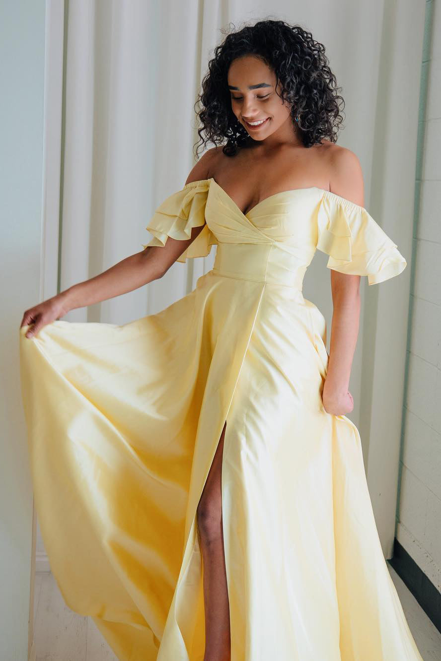 Yellow Satin A-Line Ruffle Off-Shoulder Party Prom Dress FancyVestido Yellow Satin A-Line Ruffle Off-Shoulder Party Prom Dress FancyVestido