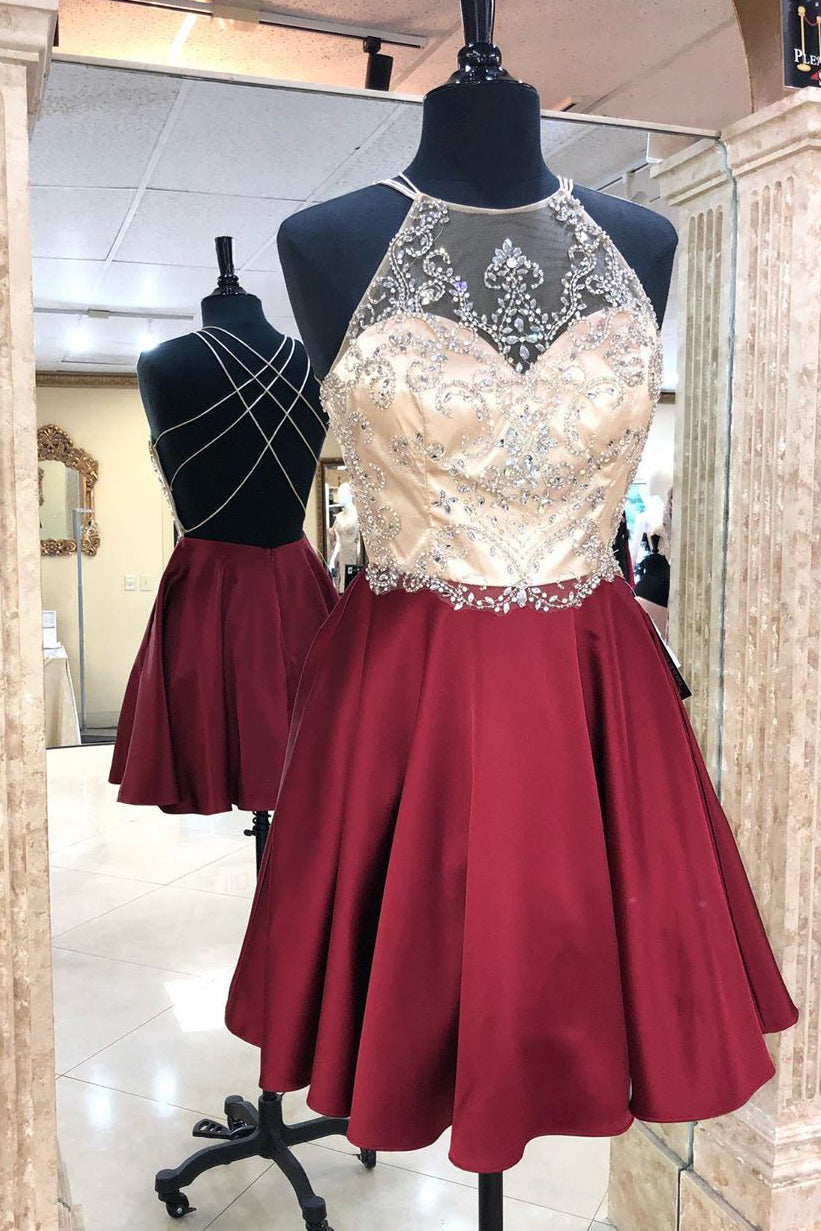 Criss Cross Beading Burgundy Homecoming Dress