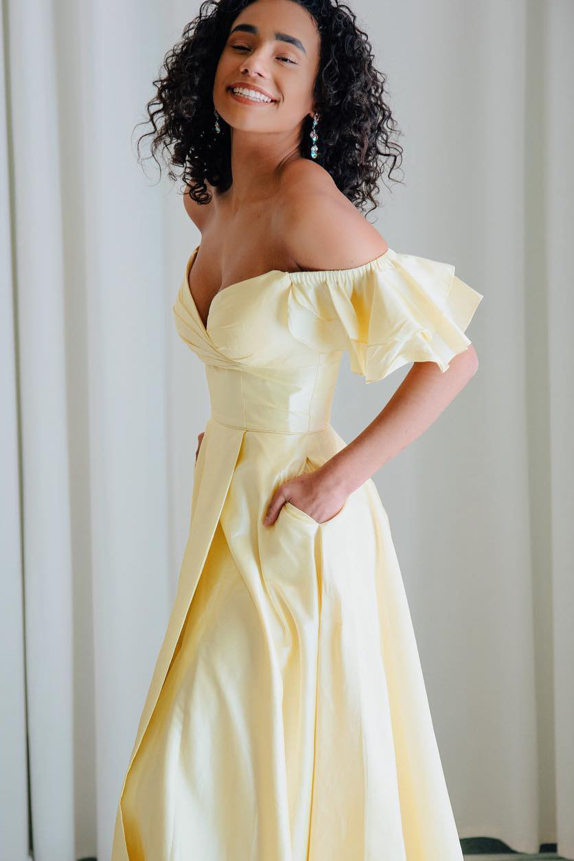 off the shoulder yellow satin dress Lavish Luxe Off Shoulder Maxi Dress Yellow Size XS from Hello Molly