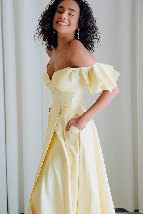 Off Shoulder Ruffles Long Yellow Prom Dress with Slit