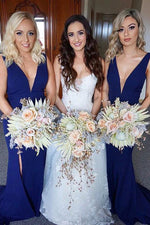 Mermaid V-Neck Navy Blue Long Bridesmaid Dress with Slit