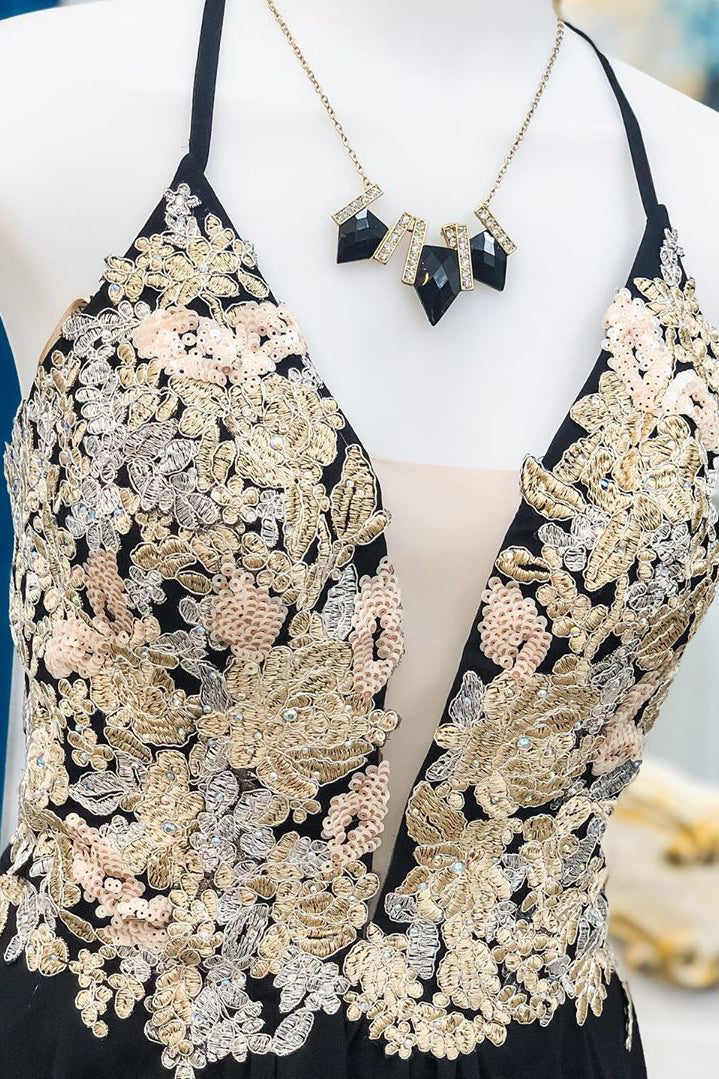 Halter Appliqued Top Black Chiffon Homecoming Dress