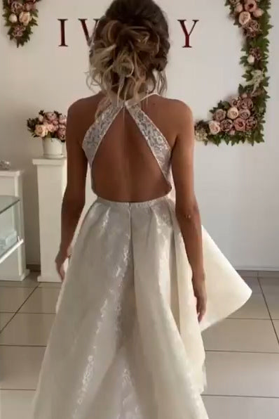 Princess A-line Halter High Low Ivory Lace Wedding Dress with Train FancyVestido Princess A-line Halter High Low Ivory Lace Wedding Dress with Train FancyVestido