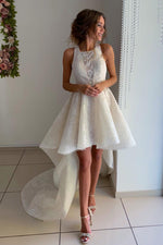 Princess A-line Halter High Low Ivory Lace Wedding Dress with Train