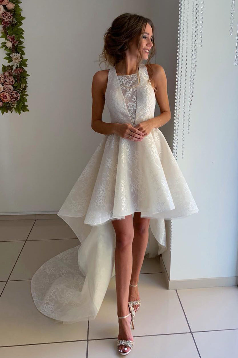 Princess A-line Halter High Low Ivory Lace Wedding Dress with Train FancyVestido Princess A-line Halter High Low Ivory Lace Wedding Dress with Train FancyVestido