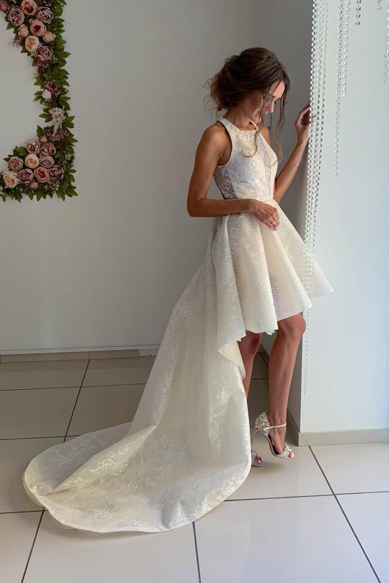 Princess A-line Halter High Low Ivory Lace Wedding Dress with Train