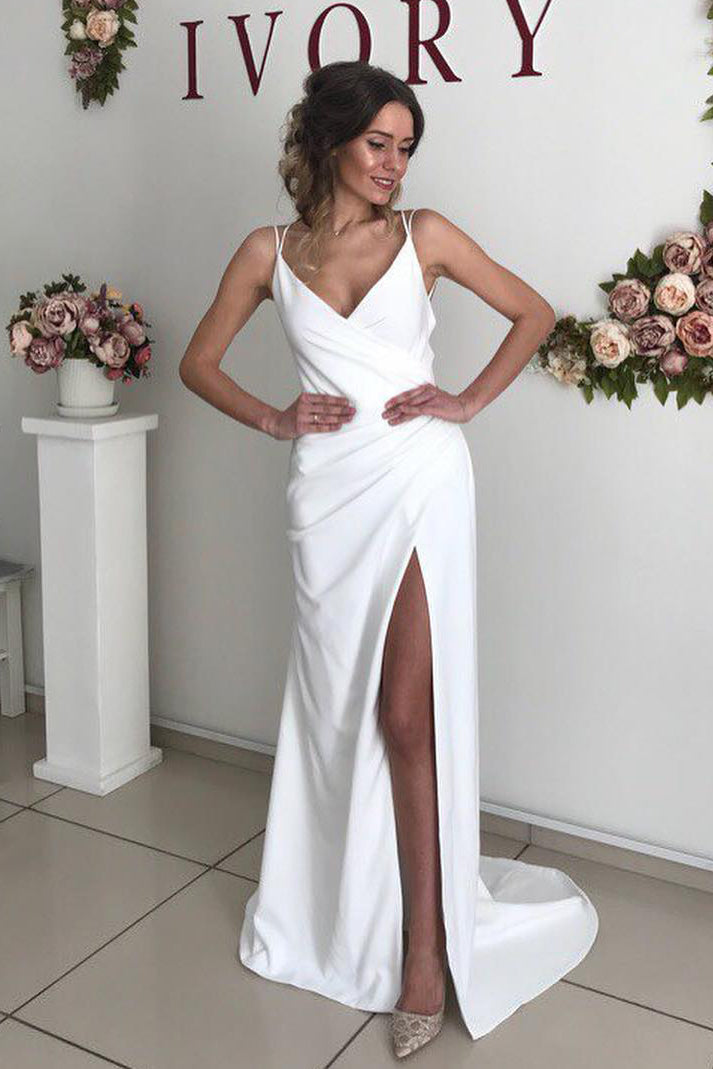 Long Straps Sheath V-Neck White Wedding Dress with Slit