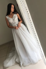 Lace Appliques A-line V-Neck Long White Wedding Dress with Buttons