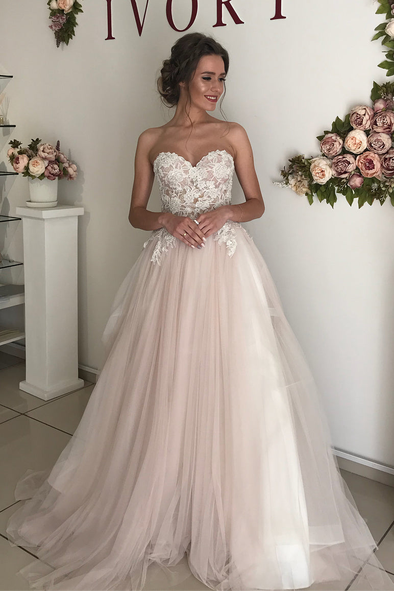 Princess Long A-line Sweetheart Beige Wedding Dress with Lace Top FancyVestido Princess Long A-line Sweetheart Beige Wedding Dress with Lace Top FancyVestido