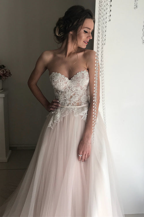 Princess Long A-line Sweetheart Beige Wedding Dress with Lace Top