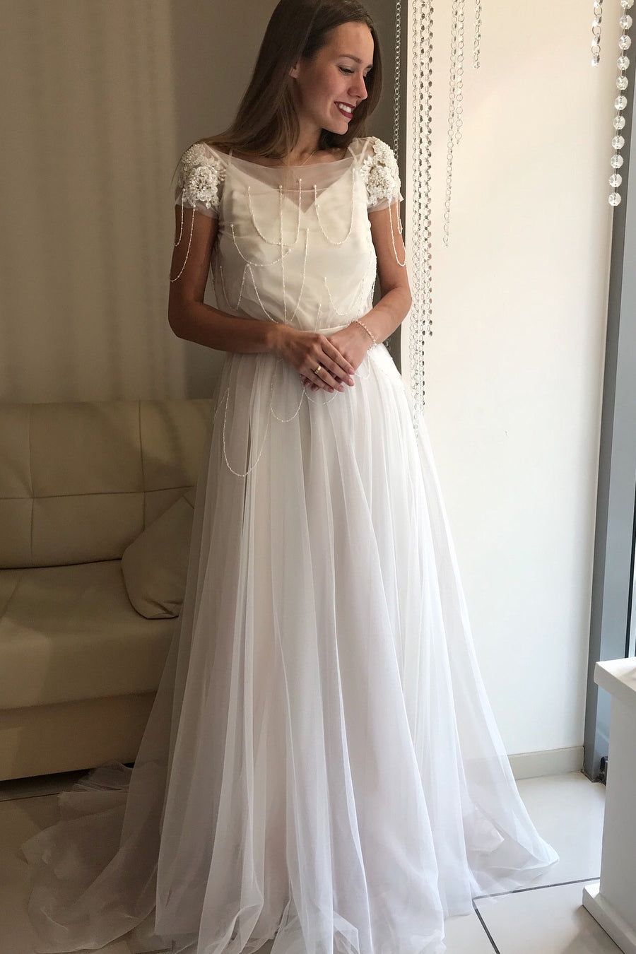 Princess Short Sleeves A-line White Wedding Dress with Lace Top   FancyVestido