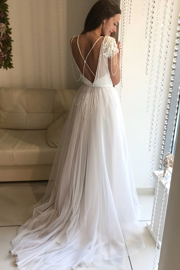 Princess Short Sleeves A-line White Wedding Dress with Lace Top