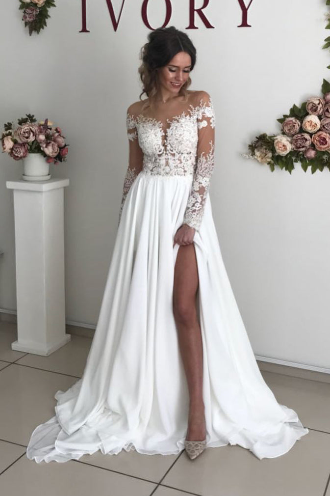 Princess Long Sleeves A-line Off Shoulder White Wedding Dress with Lace