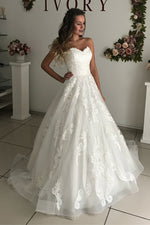 Princess Long Strapless A-line White Wedding Dress with Lace