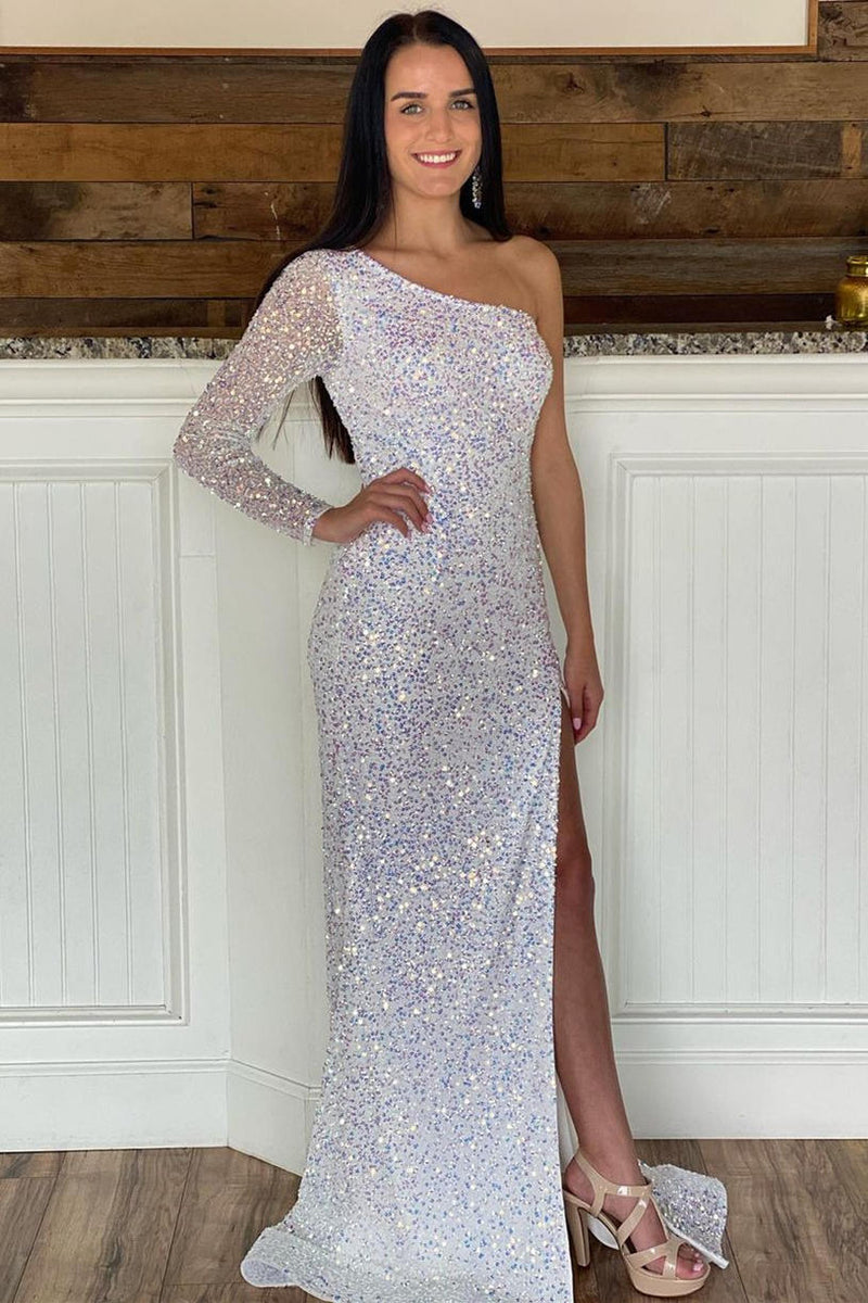 One Shoulder White Sequins Long Prom Dress with Slit