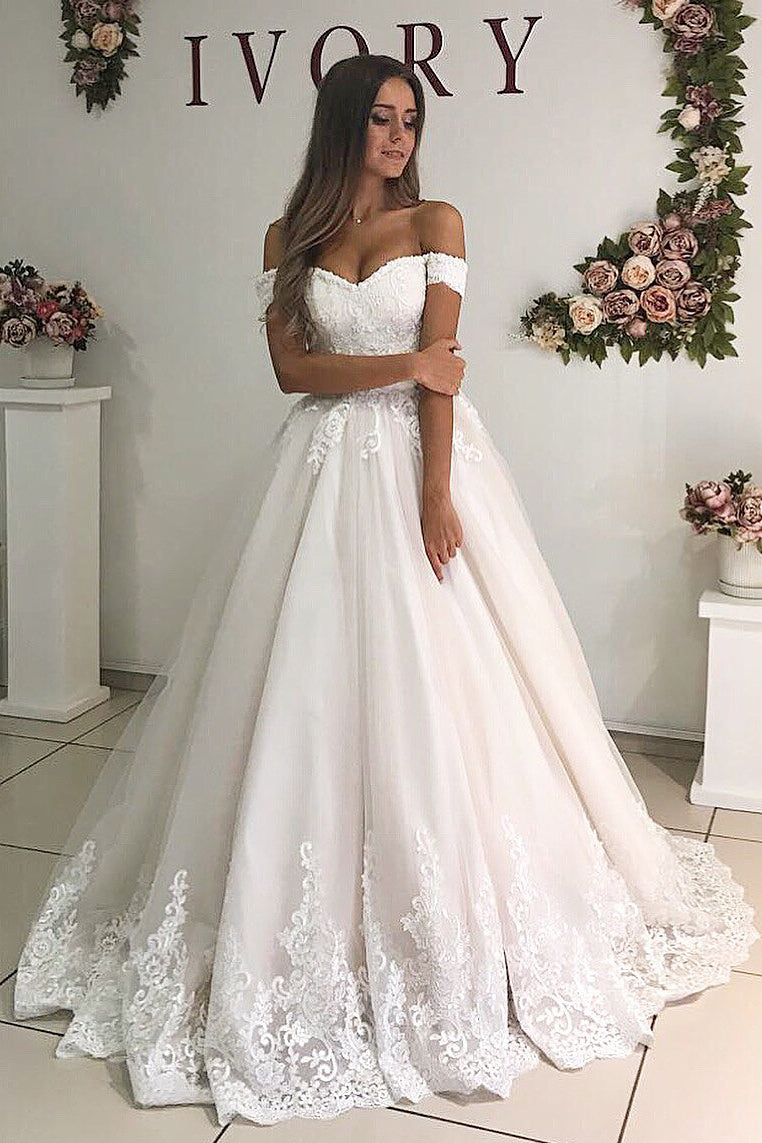 Princess Long A-line Off Shoulder Ivory Wedding Dress with Lace
