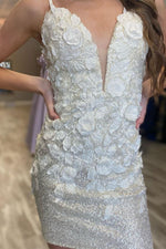 Tight Silver Sequined Short Homecoming Dress with Flowers