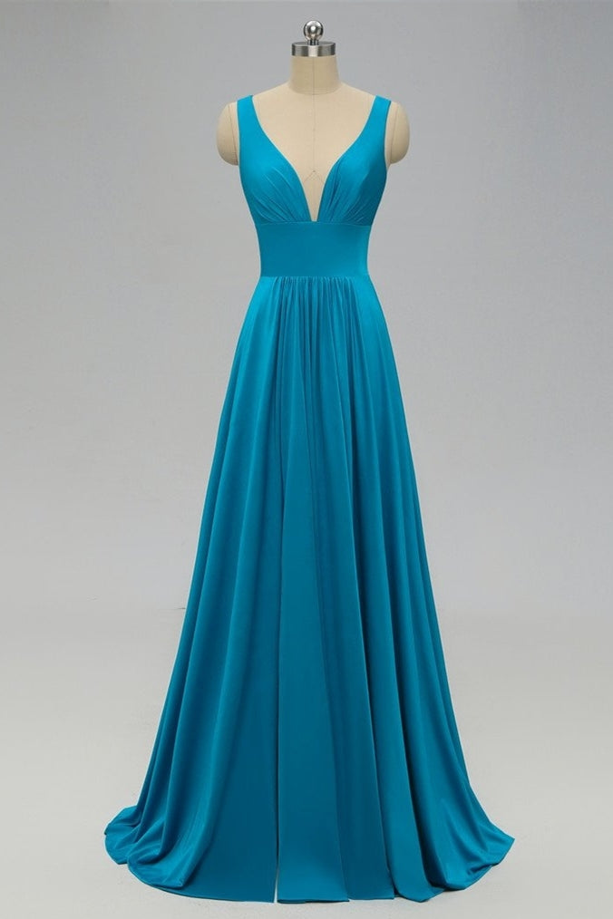 V Neck Empire Blue Bridesmaid Dress with Side Slit