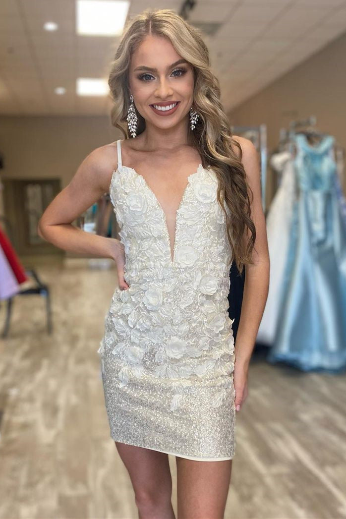 Tight Silver Sequined Short Homecoming Dress with Flowers FancyVestido Tight Silver Sequined Short Homecoming Dress with Flowers FancyVestido
