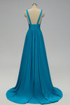 V Neck Empire Blue Bridesmaid Dress with Side Slit