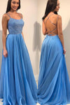 Blue Chiffon Long Prom Dress with Beaded Bodice