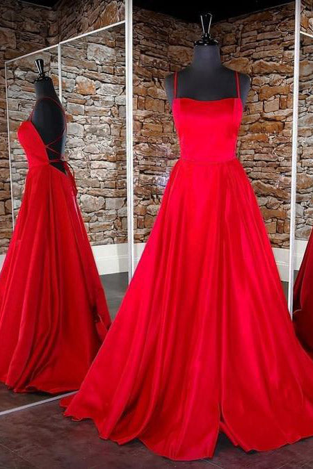 Simple Spaghetti Straps Long Red Prom Dress with Lace up Back