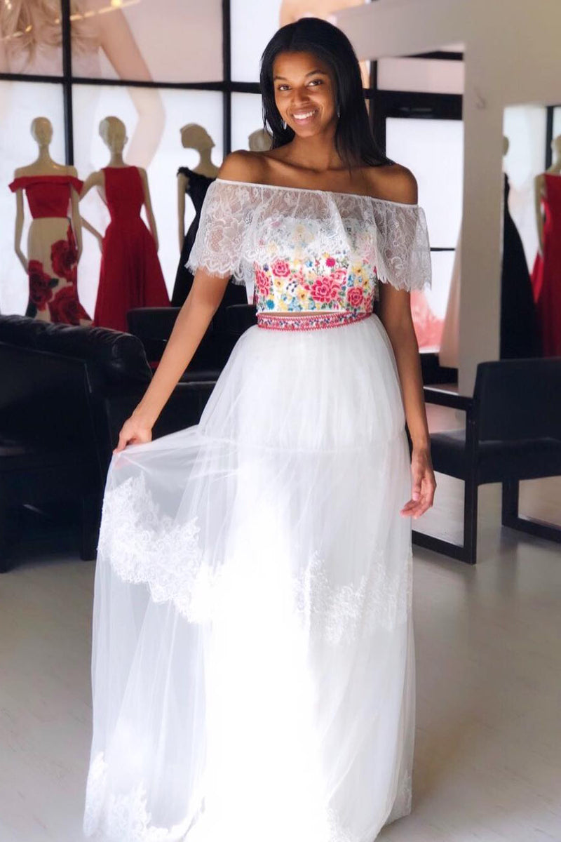 Two Piece Off Shoulder Floral Embroidery White Prom Dress