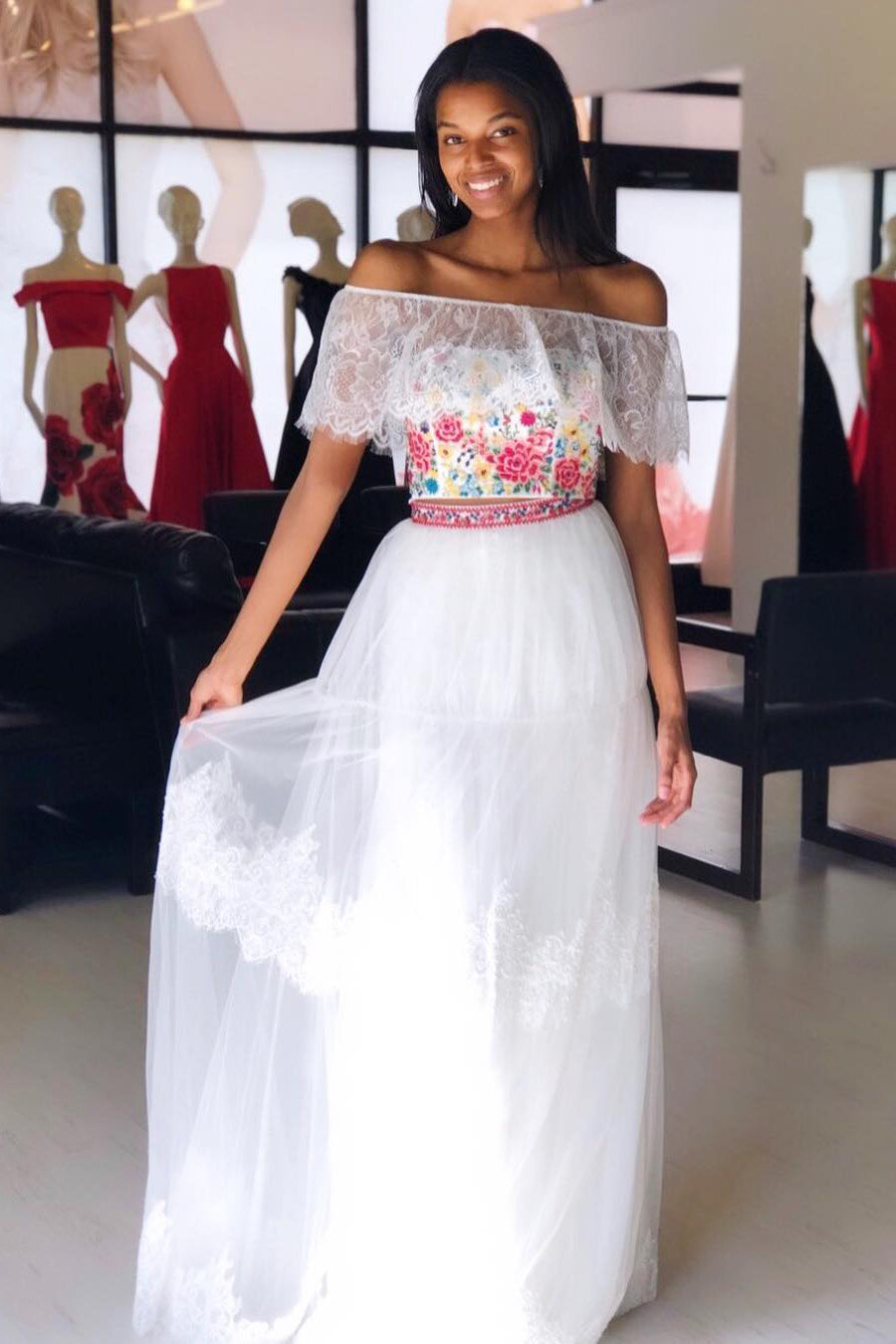 Two Piece Off Shoulder Floral Embroidery White Prom Dress FancyVestido Two Piece Off Shoulder Floral Embroidery White Prom Dress FancyVestido