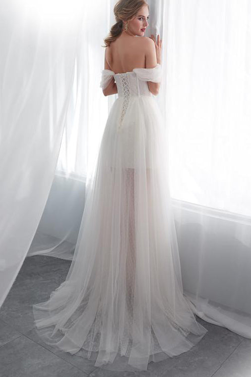 Princess Long Off Shoulder A-line Ivory Wedding Dress