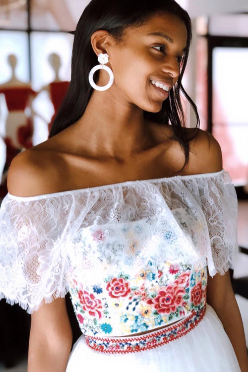 Two Piece Off Shoulder Floral Embroidery White Prom Dress
