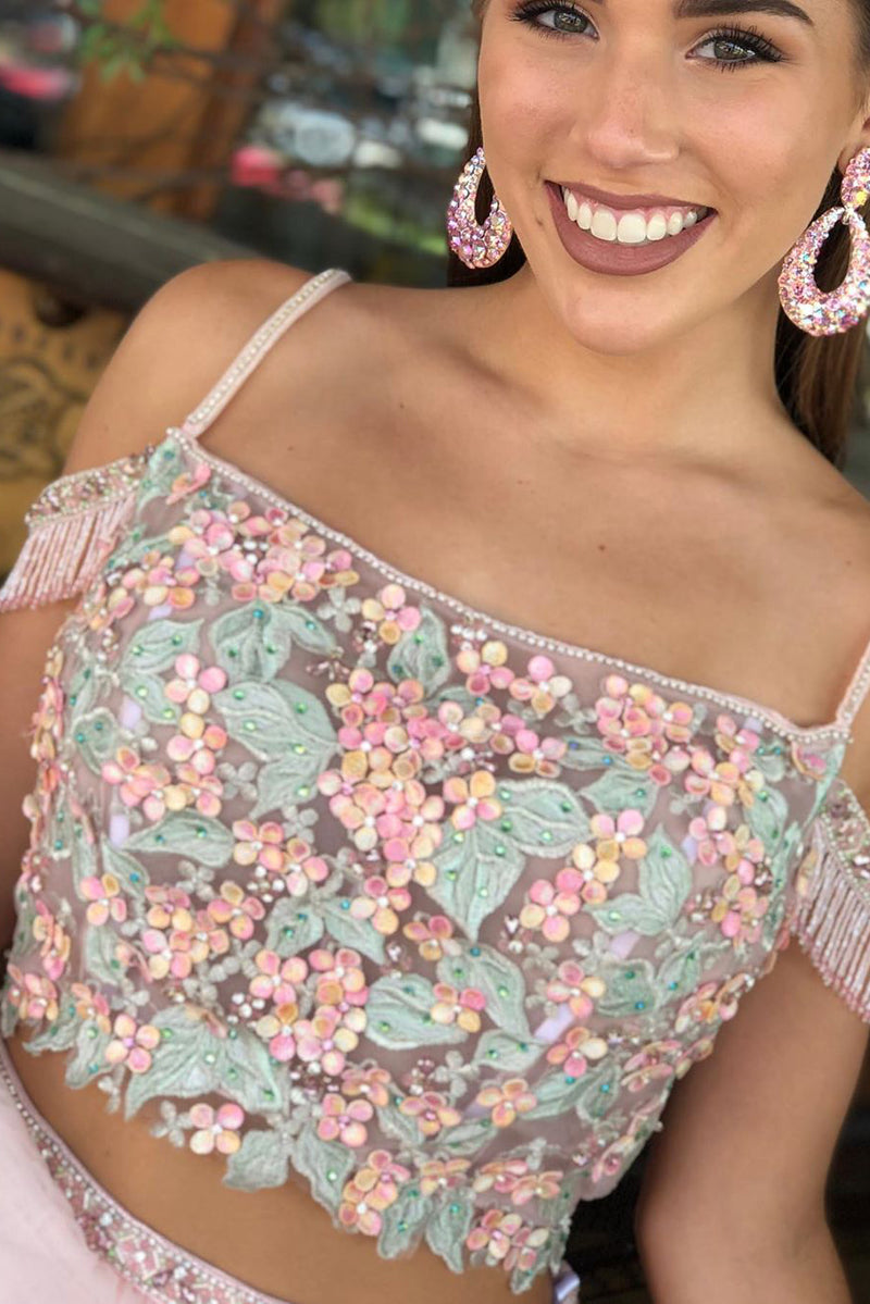 Two Piece Floral Homecoming Dress with Tassel