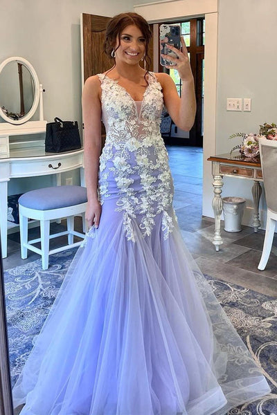 Elegant Lavender Appliqued Mermaid Long Prom Dress
